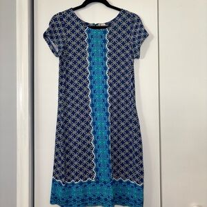 Hatley Women’s T-Shirt Dress Blue White Geometric Medallion Back Zip Size S